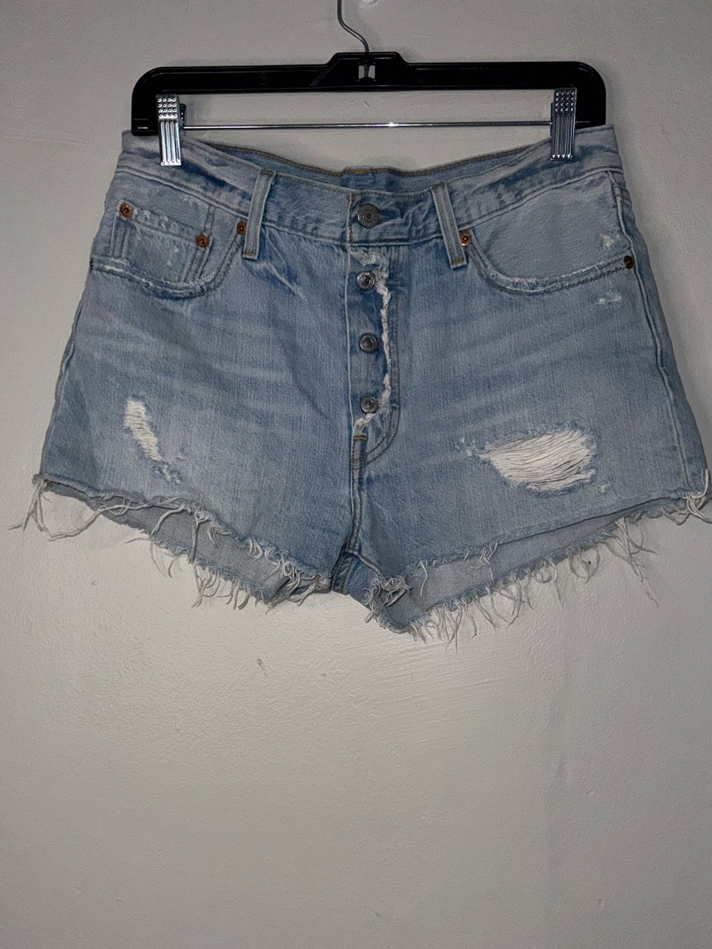 Levi's Light Blue Distressed Button-Fly Denim Shorts